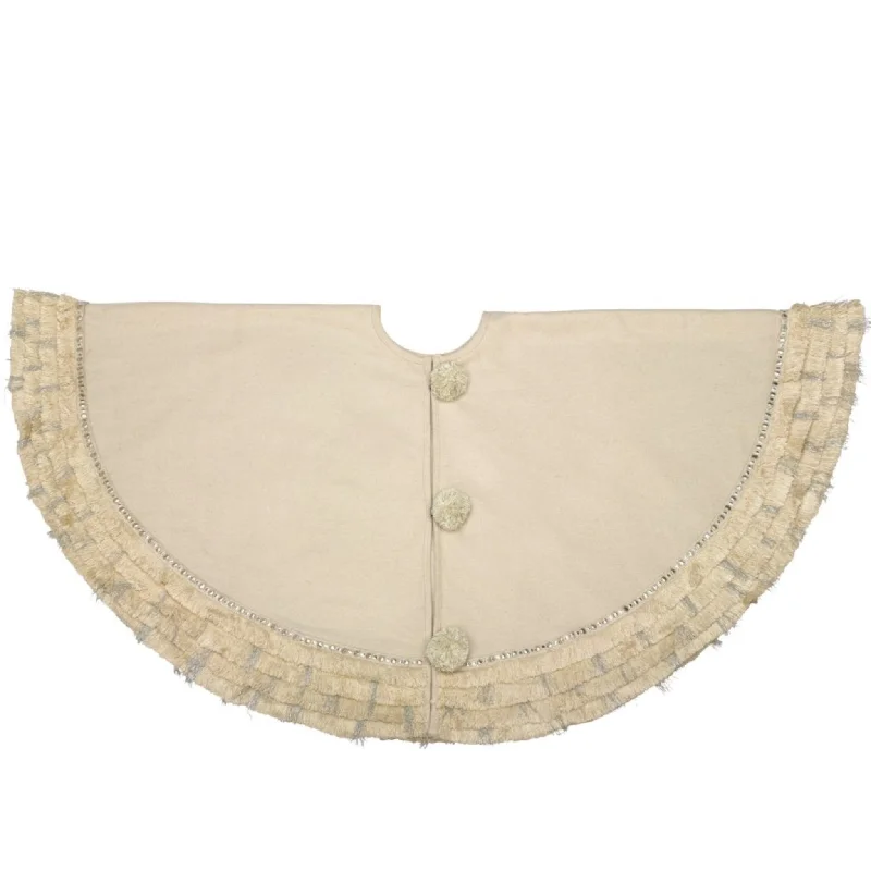 60" Handmade Christmas Tree Skirt in Recycled Wool, Cream with Fringe Border