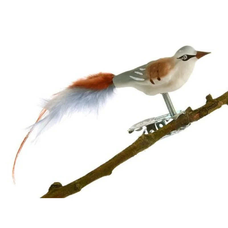 Mini Bird with feather tail, matte grey and brown by Glas Bartholmes
