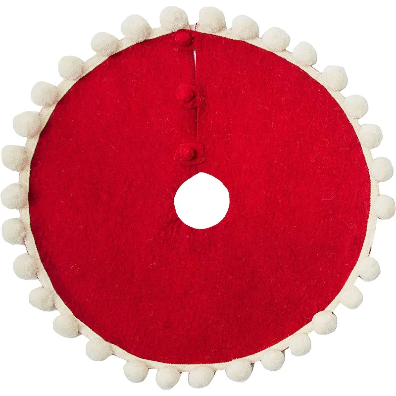 26" Mini Christmas Tree Skirt, Pom Poms on Red in Hand Felted Wool