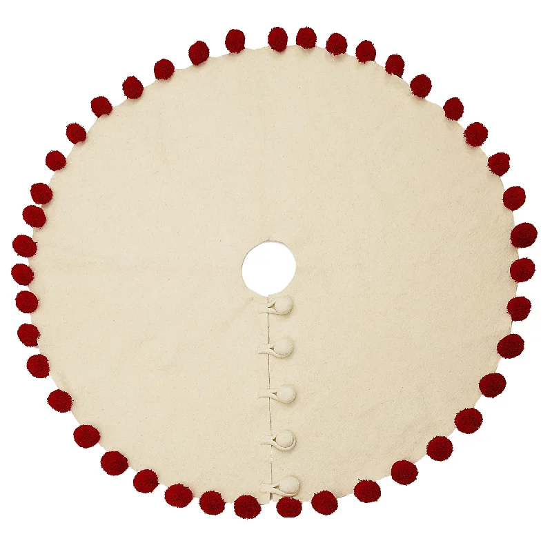 63" Red Pom Poms on Cream Handmade Felt Christmas Tree Skirt
